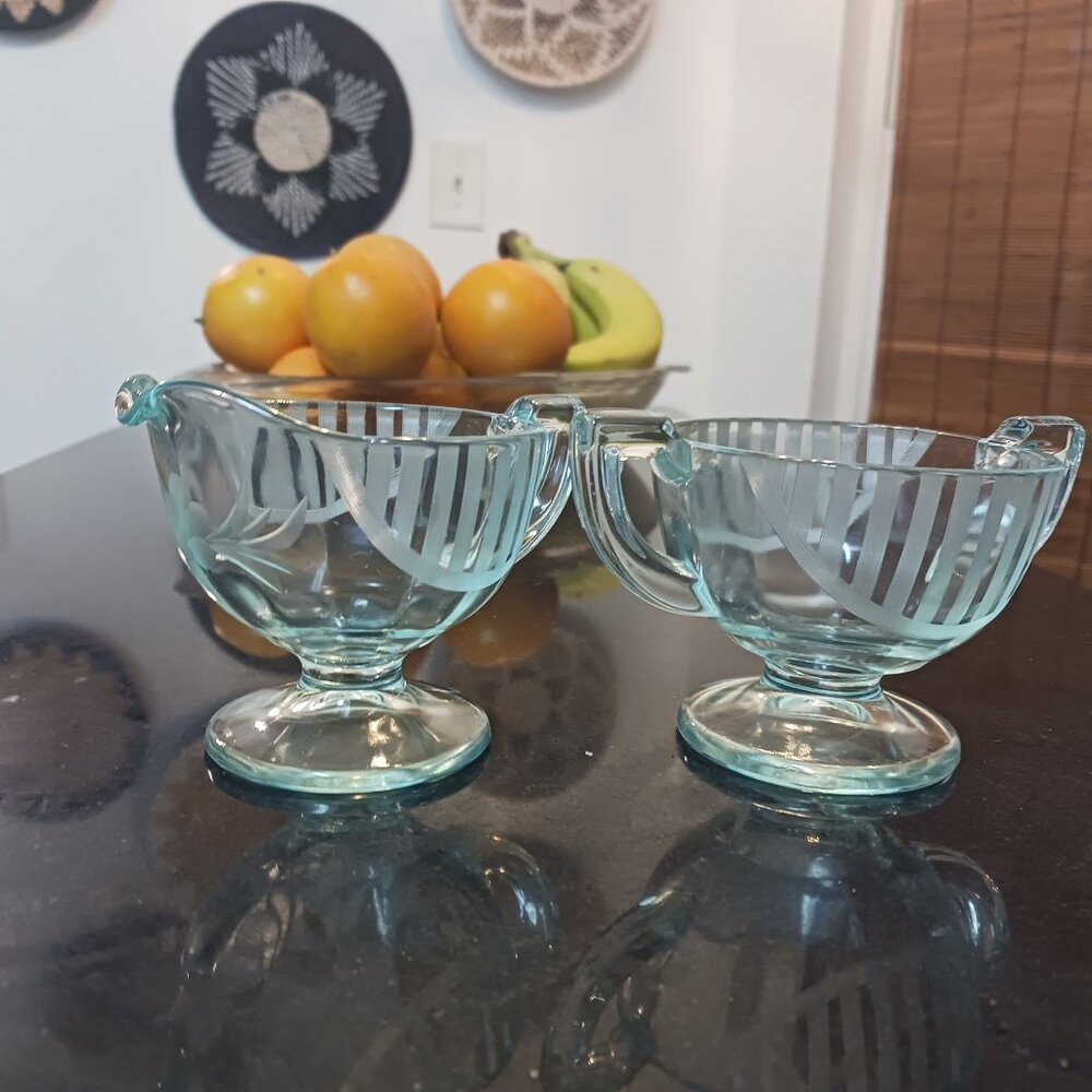 MCM Vintage Blue Glass Art Deco Creamer and Sugar Set 3"